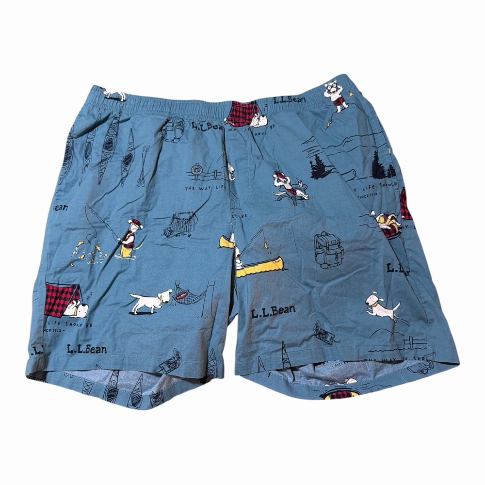 LL Bean Cotton Novelty Outdoor Print  Dogs Canoe Fishing Pockets  Lounge Short L